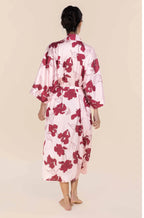 Pink satin long robe with adjustable waist in Iris print, made from recycled polyester by GINGER LILY.
