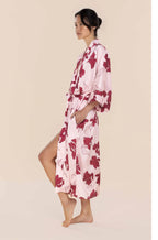 Daisy pink satin long robe made from recycled polyester with Iris print and adjustable waist, by Ginger Lily.