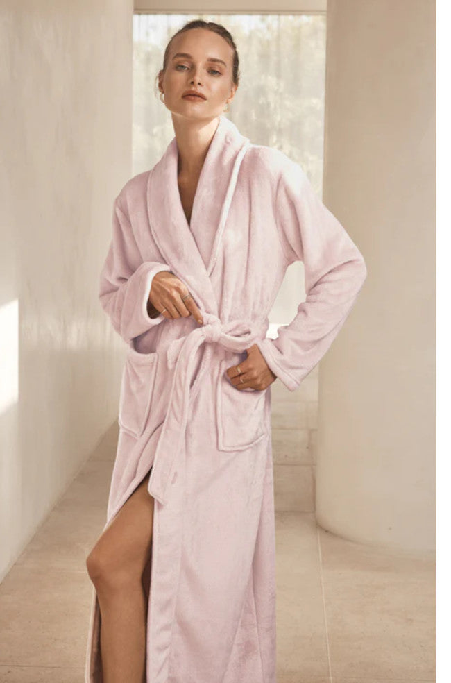 Soft pink long plush robe by Ginger Lily, available in sizes S, M, L, featuring a cozy dressing wrap design.