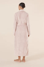 Soft pink long plush robe by GINGER LILY, available in sizes S, M, L
