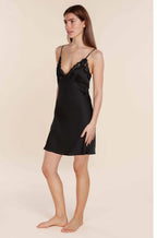 Black Satin Chemise - Recycled Polyester Lace Trim Nightgown