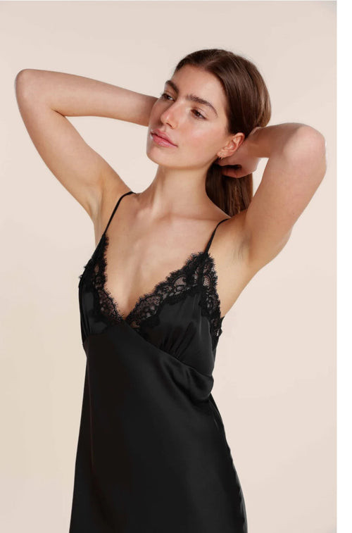 Black adjustable-strap chemise slip by GINGER LILY in lightweight fabric, available in sizes S, M, L.