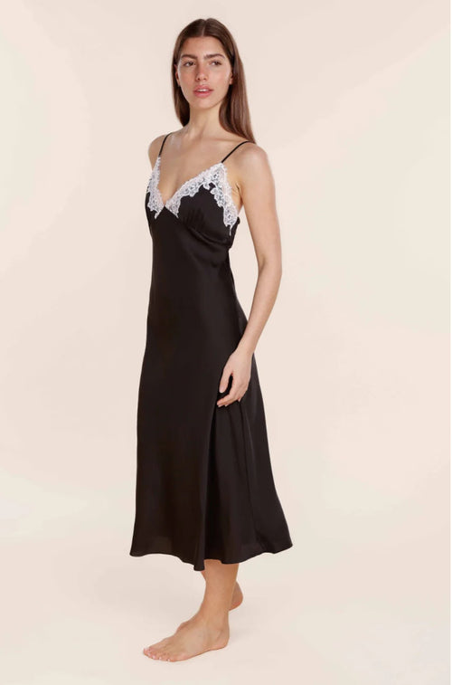 Black satin chemise slip by Ginger Lily with long silky design, available in sizes S, M, L.