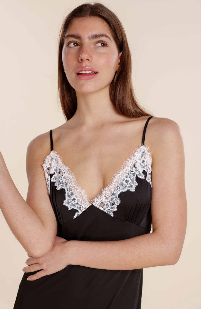 Black satin chemise with lace detailing and adjustable straps from GINGER LILY, available in sizes S, M, L.