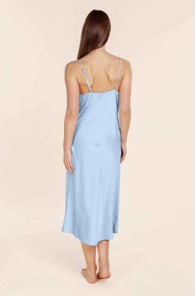 Blue Magnolia Recycled Satin Chemise slip by Ginger Lily, long maxi nightgown with satin fabric and elegant design.
