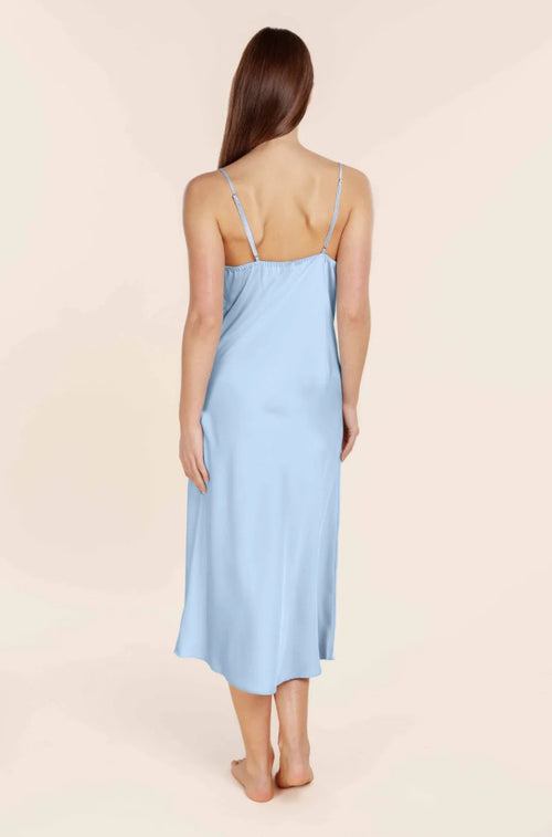 Blue silky satin chemise slip by Ginger Lily with delicate straps and smooth finish