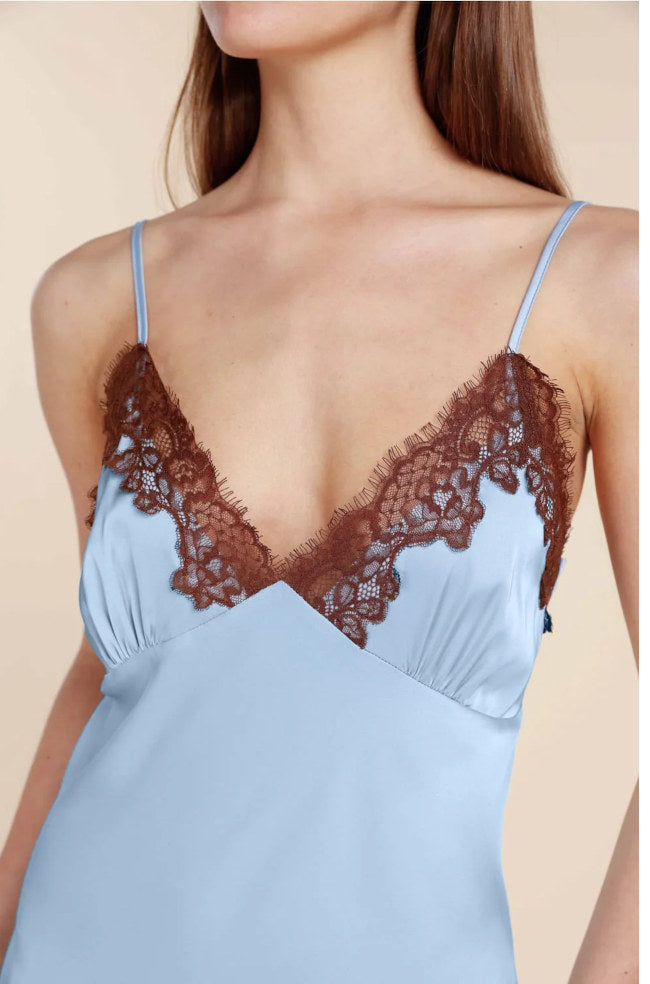 Blue Magnolia Recycled Satin Chemise slip by Ginger Lily, long maxi nightgown with silky satin fabric and elegant design.