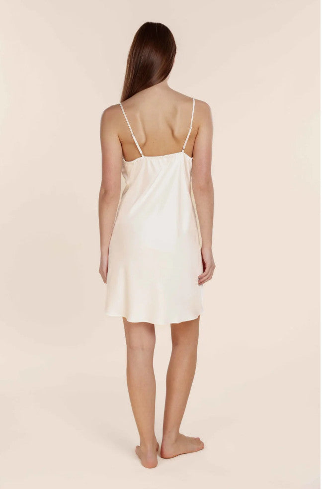 Ivory satin chemise slip in luxurious fabric by GINGER LILY, available in sizes S, M, and L.