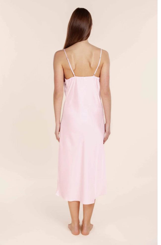 Pink satin chemise nightie with recycled lace trim and adjustable straps by GINGER LILY