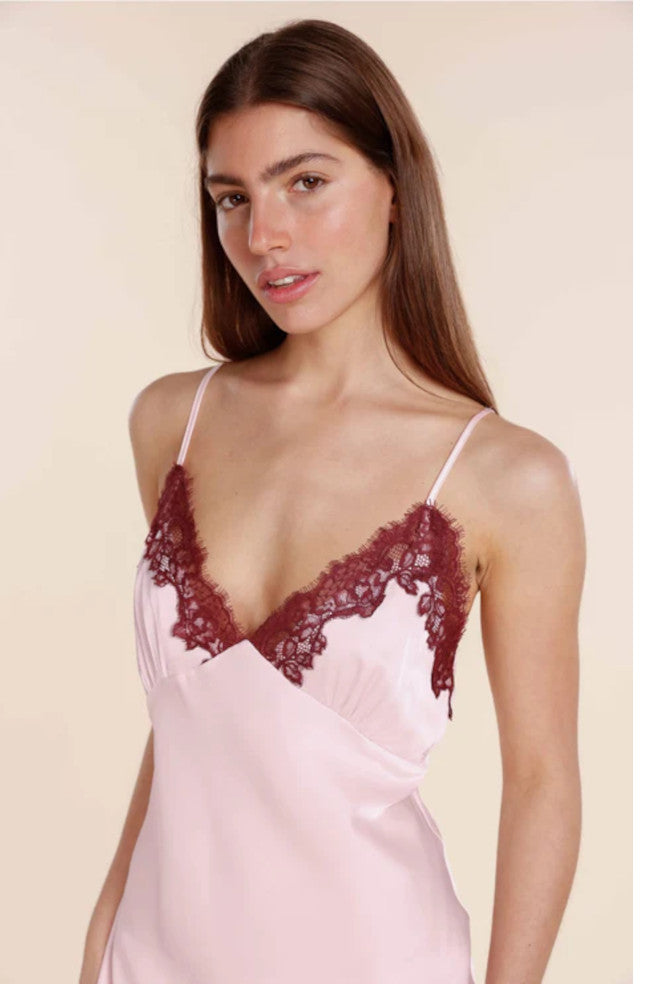 Pink satin slip nightie with recycled lace trim and adjustable straps by GINGER LILY