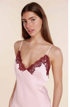 Pink satin slip nightie with recycled lace trim and adjustable straps by GINGER LILY