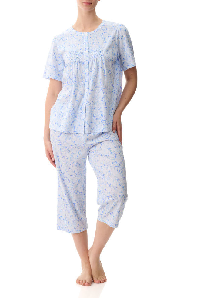 Blue floral cotton short sleeve PJ set with button front and capri pants by GIVONI