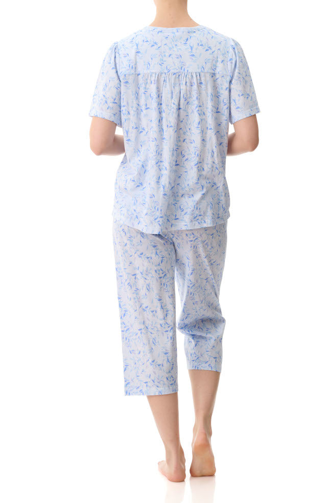 Blue floral cotton short sleeve PJ set with button front and capri pants by GIVONI