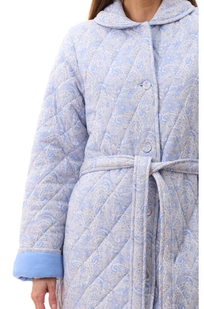 Givoni Allegra quilted cotton dressing gown in blue with long sleeves, available in size M, shown hanging or worn.