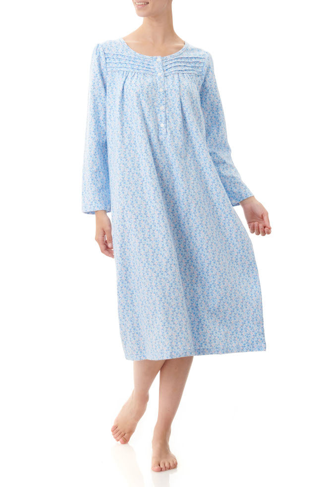 Givoni Betty cotton flannelette nightie in blue floral print, comfortable sleepwear for women in size 2L.