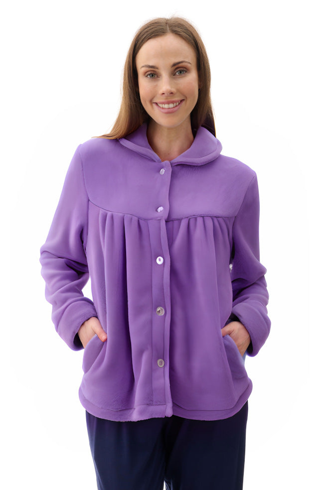 Heather purple soft button front bed jacket for women by GIVONI, size S only.