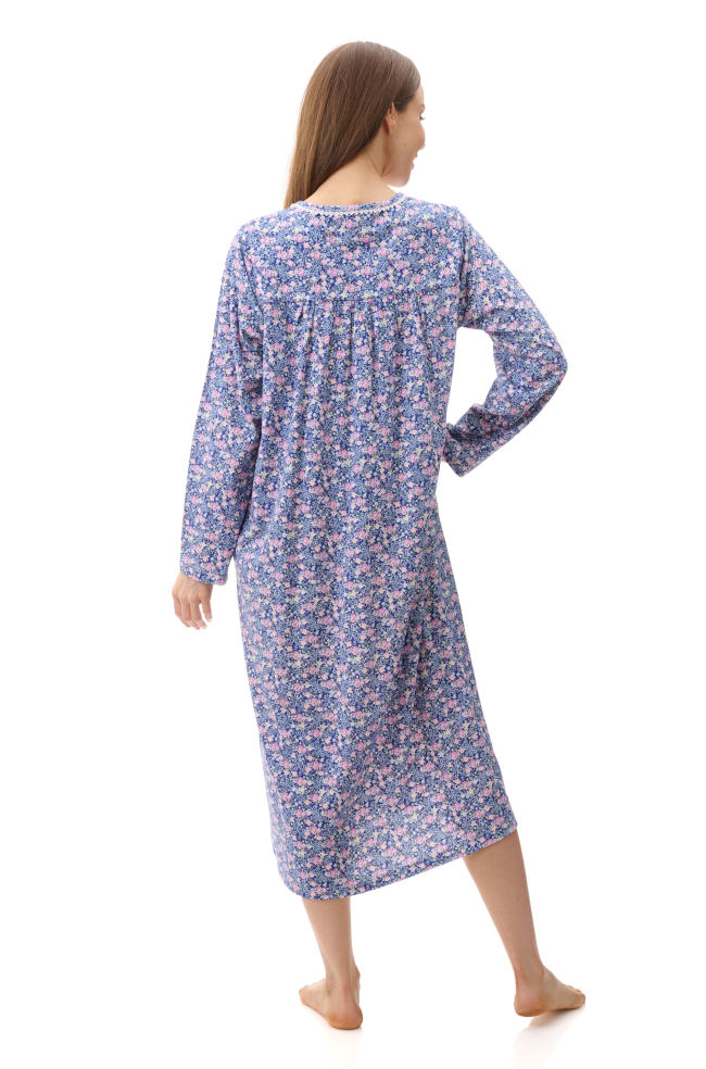 Givoni Becky cotton nightie in royal blue floral print with long sleeves, available in medium size for sleepwear comfort.