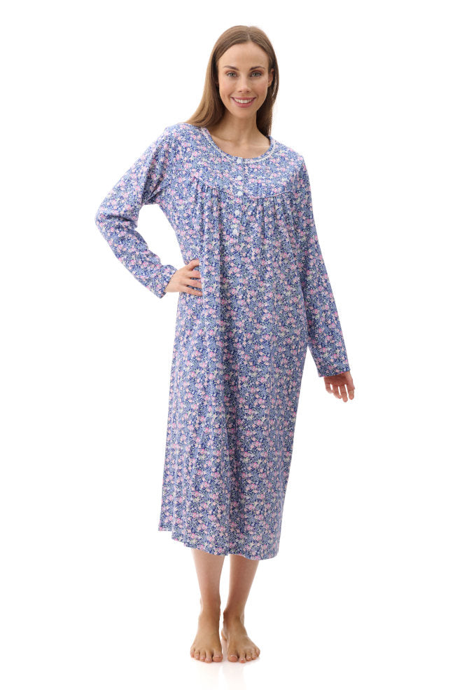GIVONI Becky cotton nightie in royal blue with floral print, long sleeves, available in size medium, perfect for comfortable sleepwear.