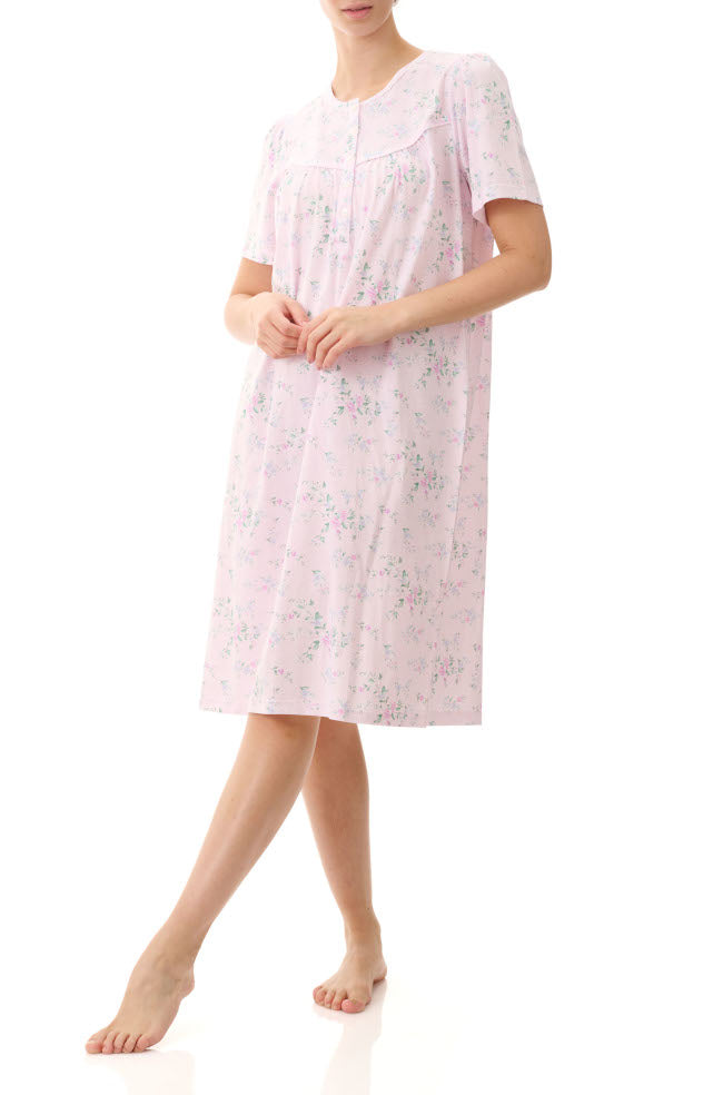 Lilac floral cotton nightie with short sleeves and button front by Givoni