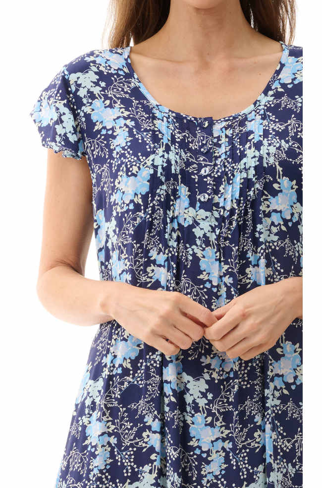 Navy floral short nightie in soft viscose by GIVONI, above-knee length, breathable fabric, available in multiple sizes.