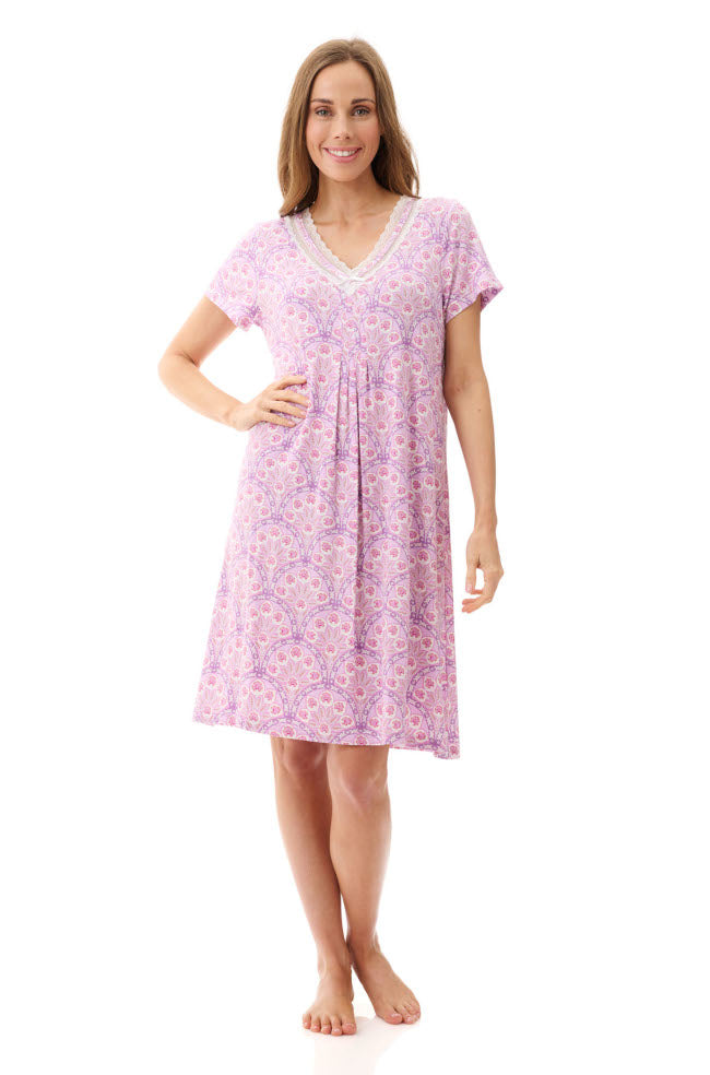 Pink modal nightie with short sleeves and a relaxed fit by GIVONI in sizes 2XL, LGE, and MED