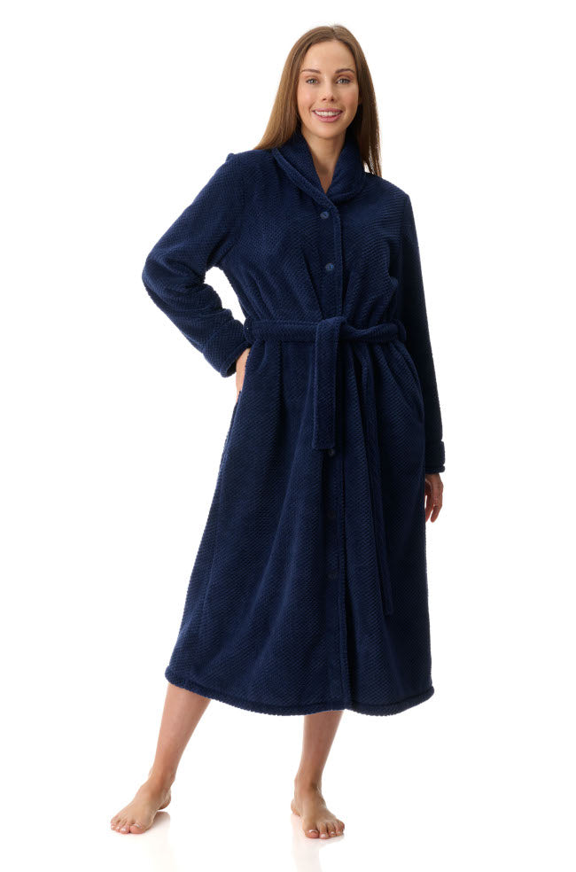 Navy GIVONI Catriona Button Dressing Gown in size L, soft sleepwear with button front, plush fabric for cozy comfort.