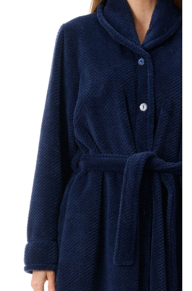 Navy GIVONI Catriona Button Dressing Gown in size L, cozy sleepwear with button-front design, soft fabric, and relaxed fit.
