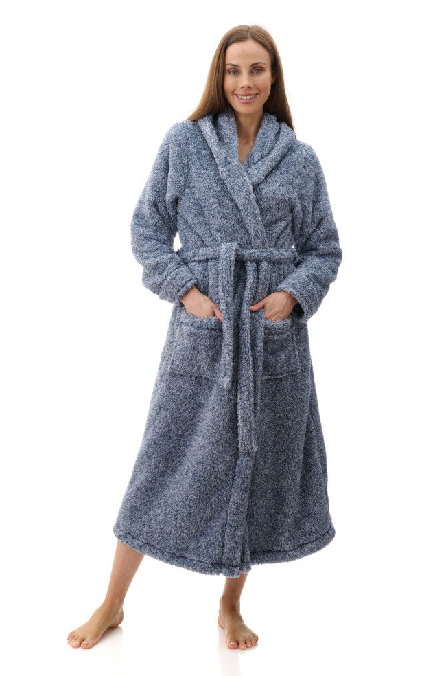 Navy marle fleece hooded short gown with adjustable fit by Givoni, available in sizes XS, S, and M.