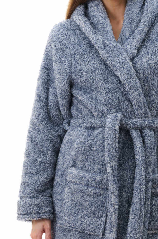 GIVONI Beth luxury fleece hooded short sleep gown in navy marle, XS to M size, cozy sleepwear with hood and short length.