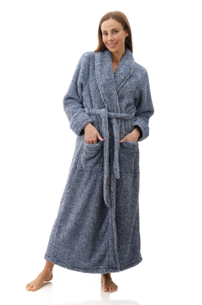 Navy marl luxury fleece long gown by Givoni, featuring a wrap style, size S, perfect for sleepwear.