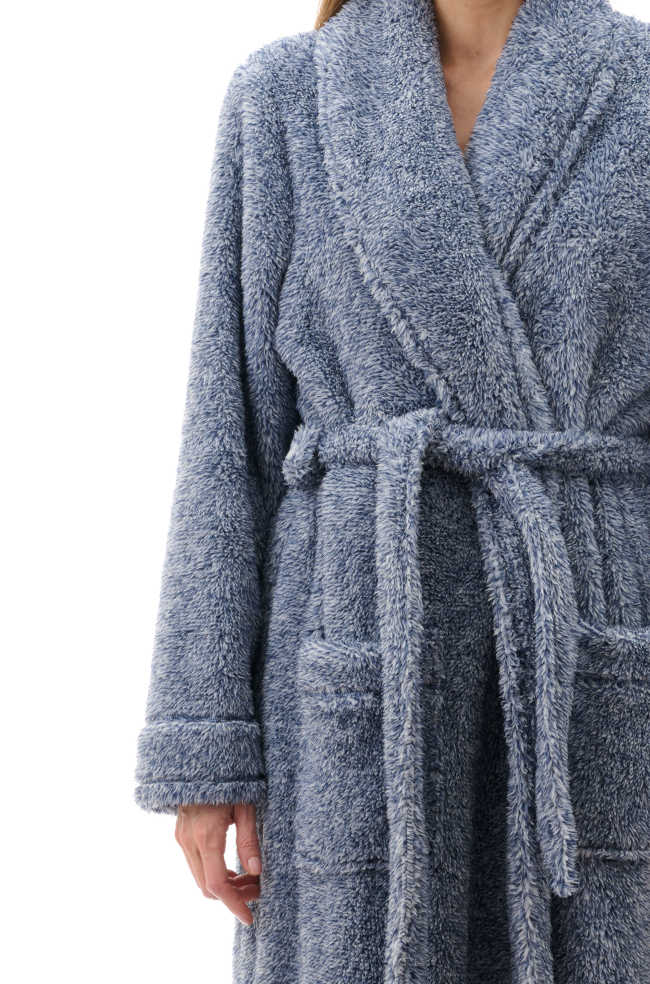 Navy marle luxury fleece long gown by GIVONI in size S, featuring a cozy wrap design.