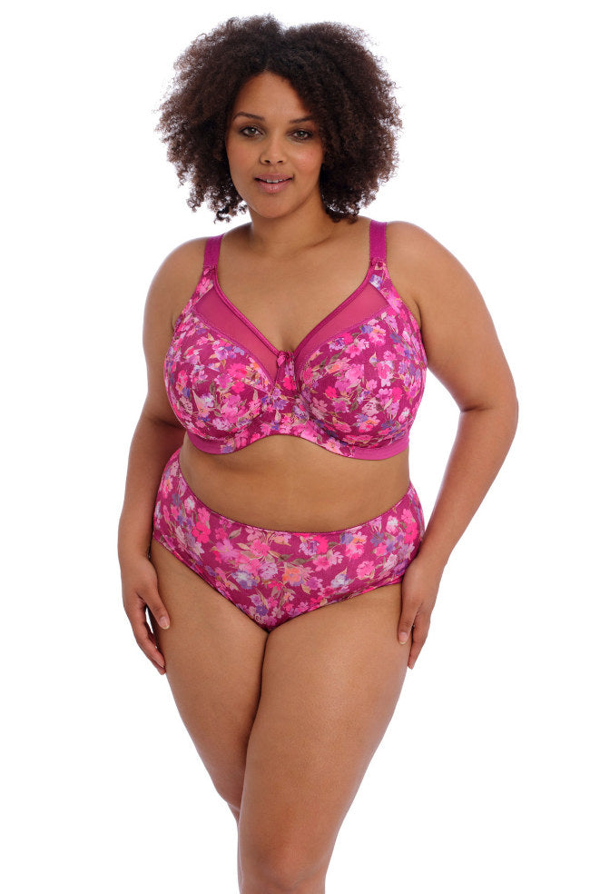 Goddess Kayla sheer mesh underwire bra in Summertime Print, E-cup size, featuring a stylish design and comfortable fit.