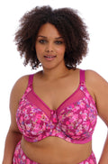Goddess Kayla Underwire Bra in sheer mesh with Summertime print, available in E cup sizes 14, 16, and 18.