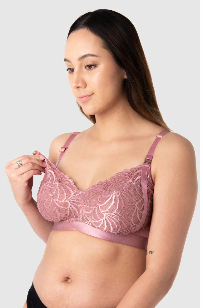 Hot Milk wirefree maternity bra in antique rose, available in sizes 16B/C, 10D/DD, and 10GG/H