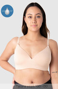 Light brown bamboo nursing bra with lace trim, wirefree design, and adjustable straps from HOT MILK