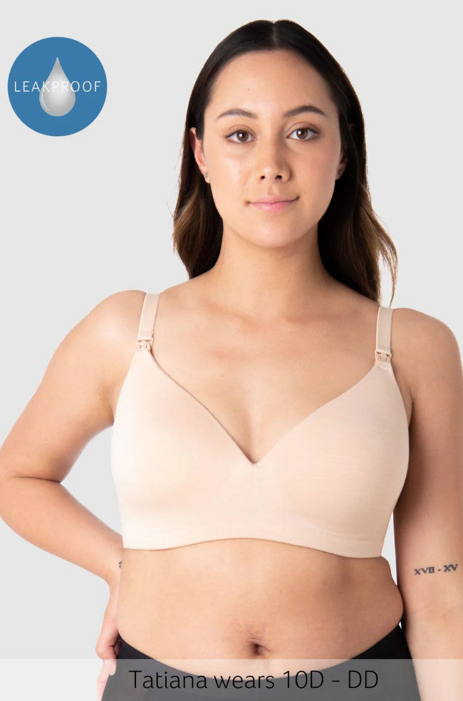 Light brown bamboo nursing bra with lace trim, wirefree design, and adjustable straps from HOT MILK