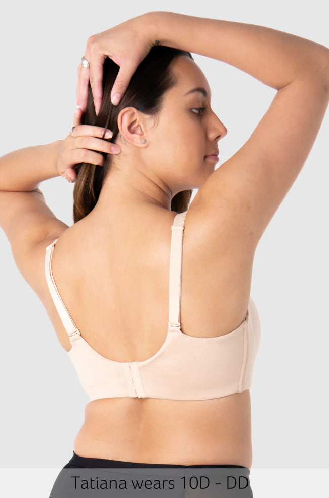 Leakproof bamboo lace wirefree nursing bra in Frappe color, designed for comfort and support during breastfeeding.