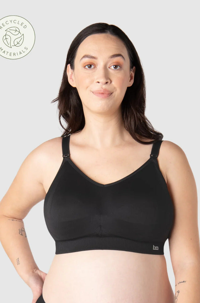 Black wire-free nursing bra in size XS by Hot Milk, featuring adjustable straps and smooth fabric