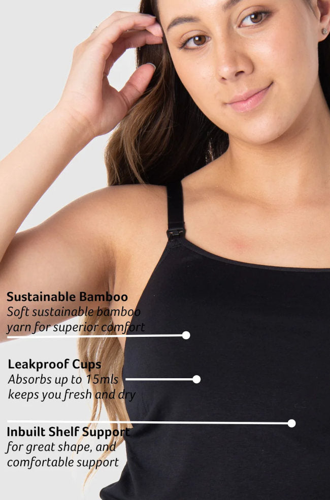 Black lace nursing camisole made from absorbent bamboo, featuring adjustable straps and leakproof design by Hot Milk.