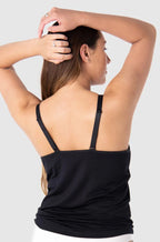 Black bamboo nursing camisole with lace details and adjustable straps, designed for leakproof comfort by Hot Milk.