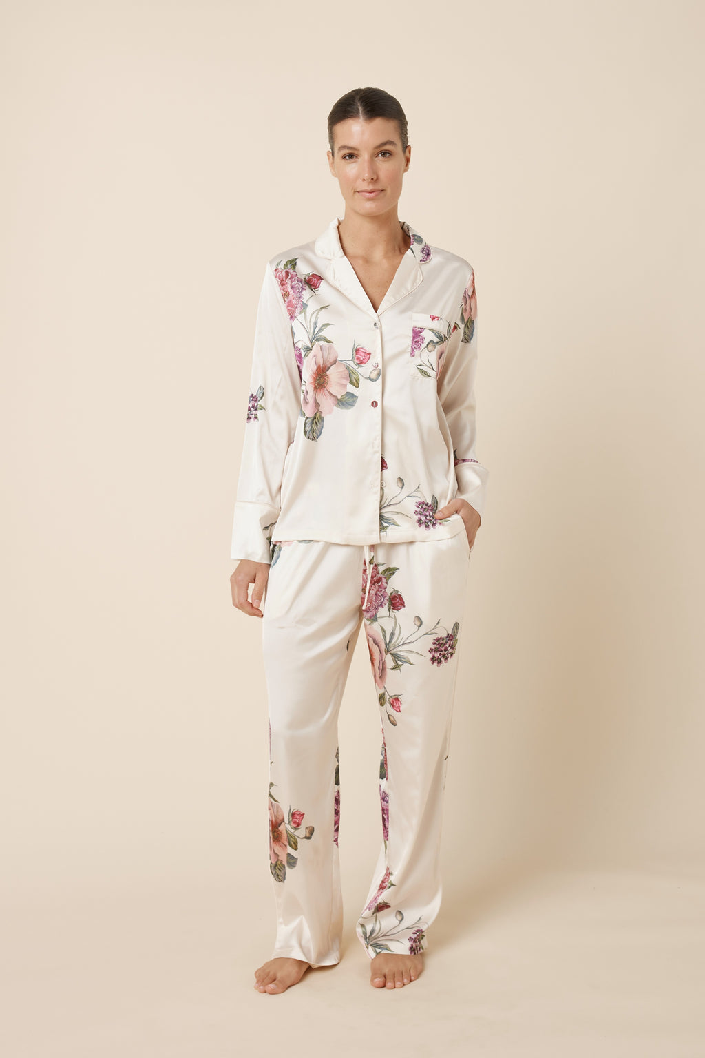 Ivory Ruby Floral Satin sleepwear set by Ginger Lily featuring a satin pajama top and matching bottoms with floral pattern.