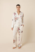 Ivory Ruby Floral Satin sleepwear set by Ginger Lily featuring a satin pajama top and matching bottoms with floral pattern.
