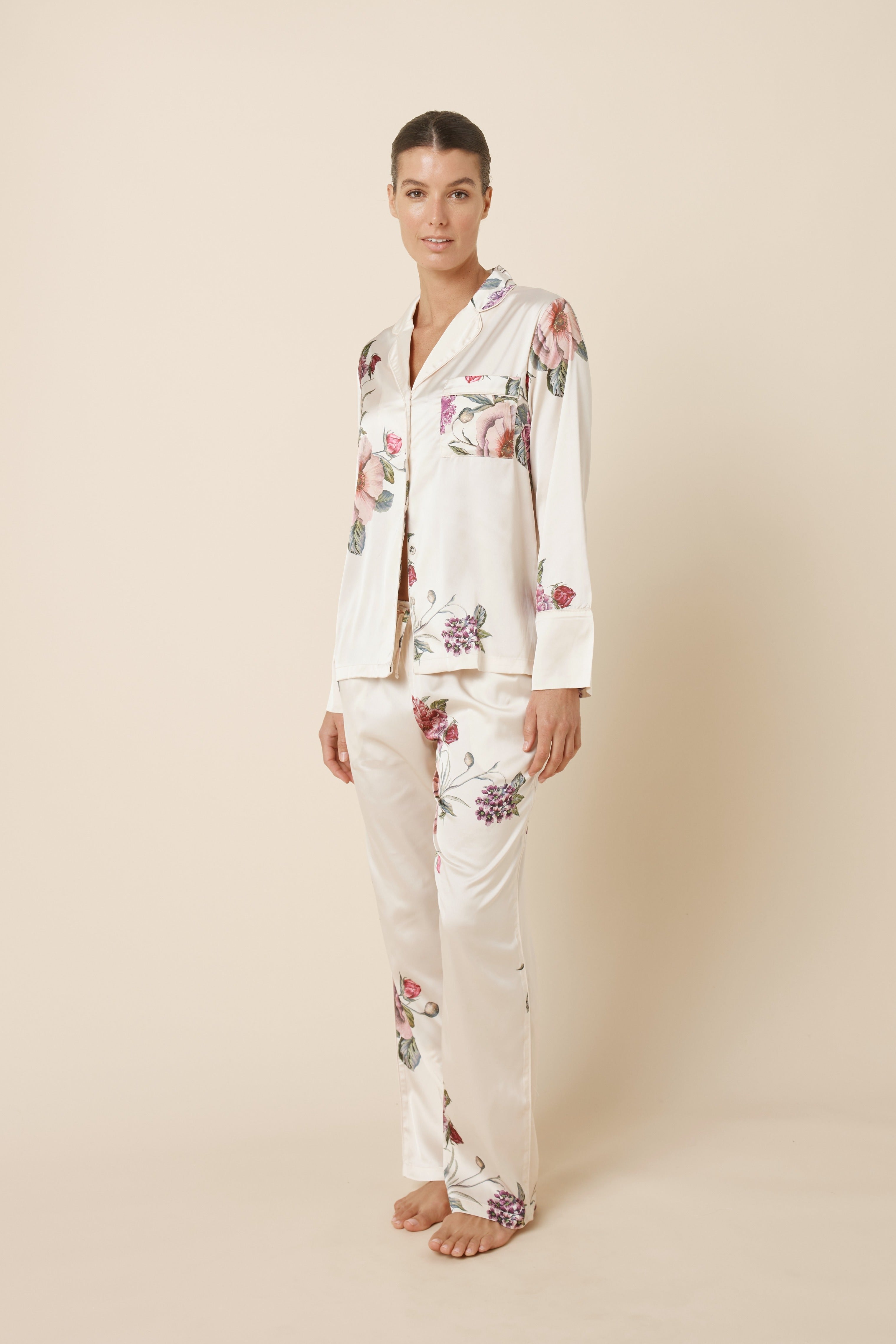 Ivory Ruby Floral Satin sleepwear set by Ginger Lily, featuring a comfortable PJ top and matching bottoms with a floral pattern.