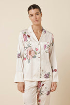 Ivory Ruby Floral Satin sleepwear PJ set by Ginger Lily with a relaxed fit and floral pattern, perfect for comfortable nights.