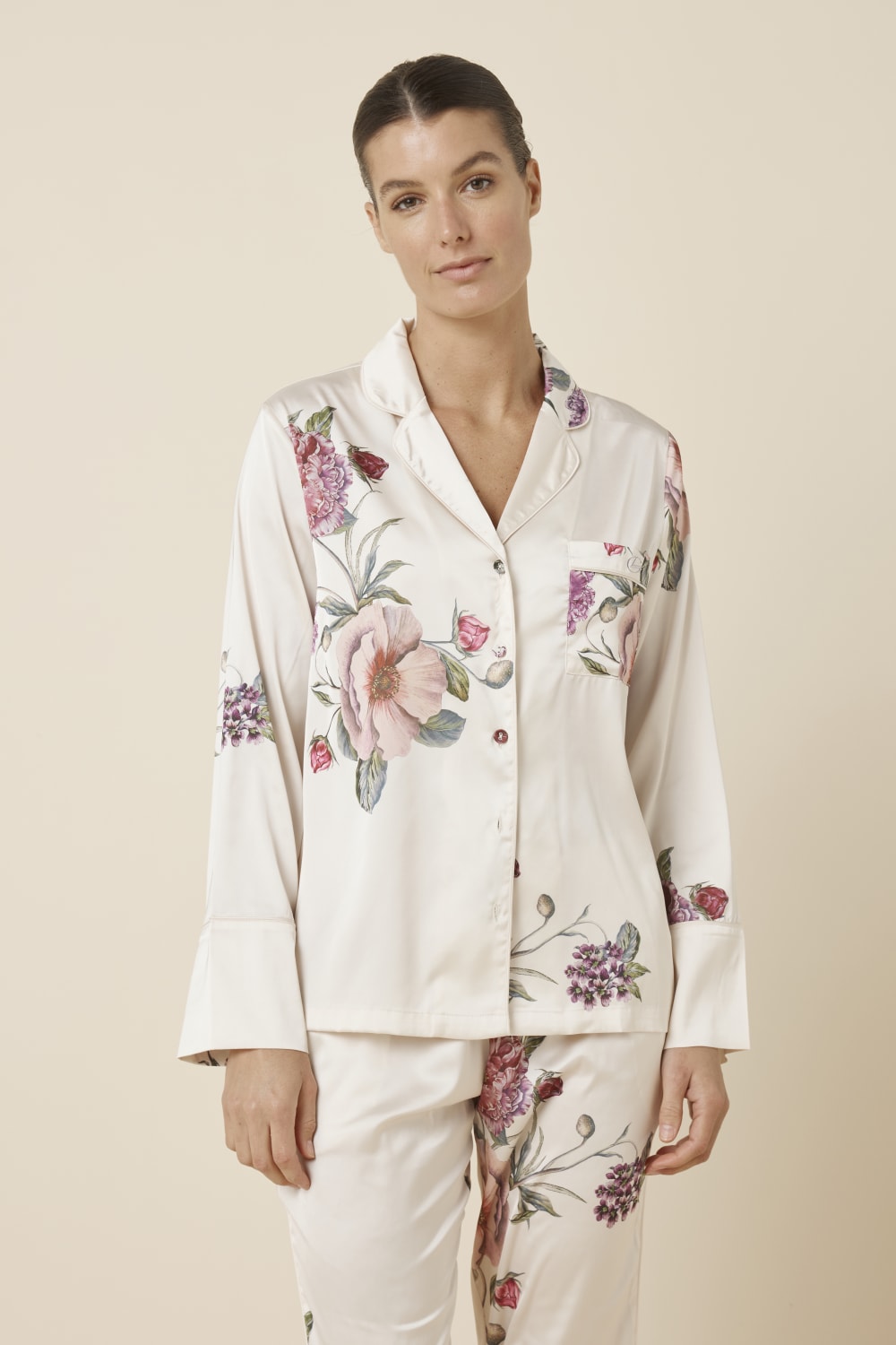 Ivory Ruby Floral Satin sleepwear PJ set by Ginger Lily with a relaxed fit and floral pattern, perfect for comfortable nights.