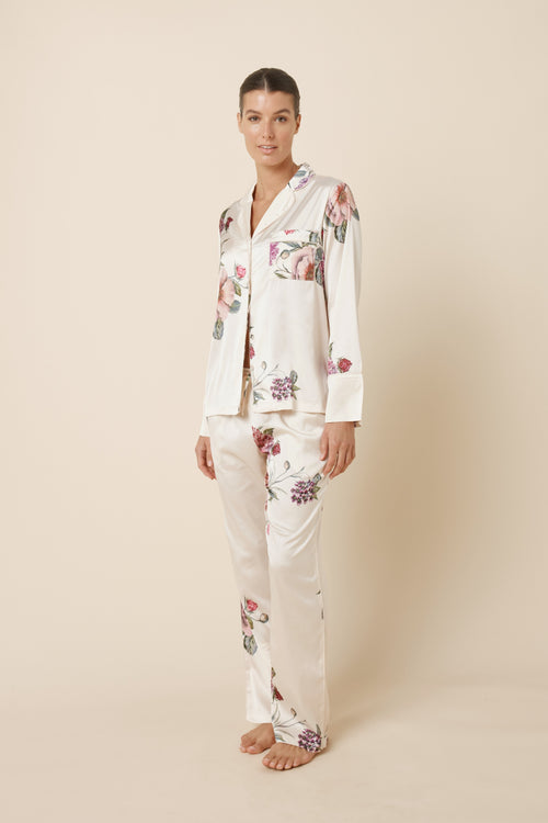 Ivory Ruby Floral Satin Pajama Set by Ginger Lily, featuring floral print and silky satin fabric, perfect for comfortable sleepwear.