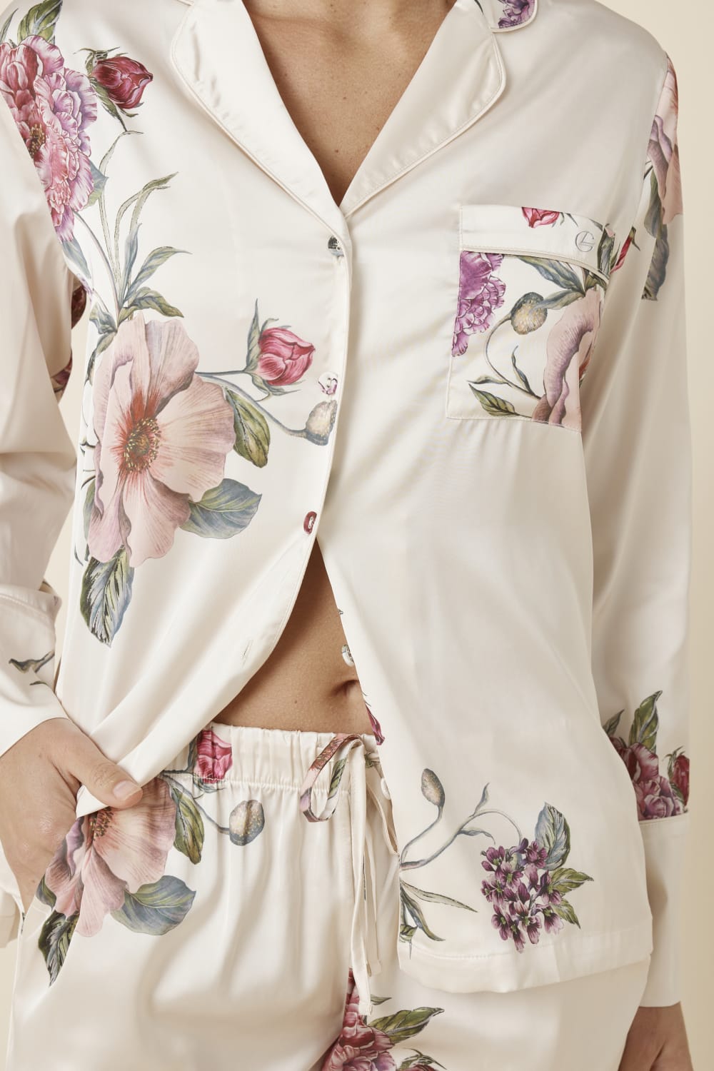 Ivory Ruby Floral Satin sleepwear PJ set by Ginger Lily, featuring a floral pattern, soft satin fabric, and comfortable fit.