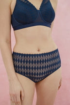 MEGAMI Lotus Lace Briefs Dusk underwear with geometric lace pattern in dark tones