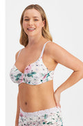 Floral microfibre underwire bra in B cup sizes 10, 12, and 14 by Jockey, featuring adjustable straps.