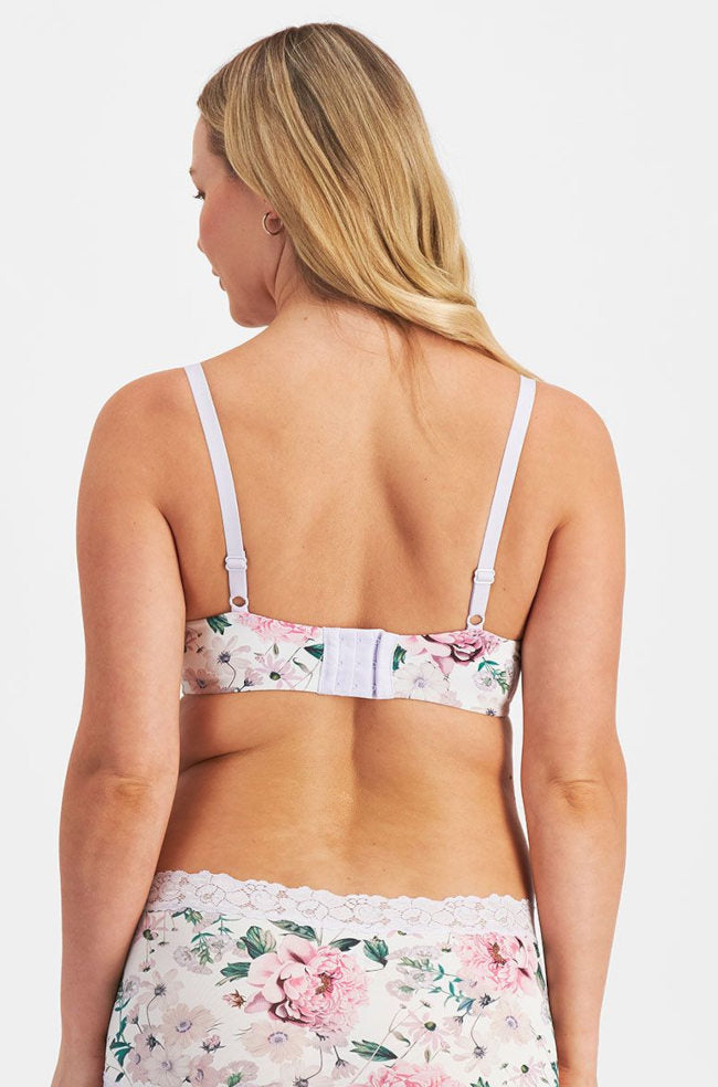 Jockey floral microfibre underwire bra in black, featuring adjustable straps and contour support, available in size B cup.